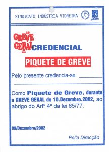 Credencial de piquete - frente - credencial de piquete de greve emitida para a Greve Geral de 10 de Dezembro de 2002.